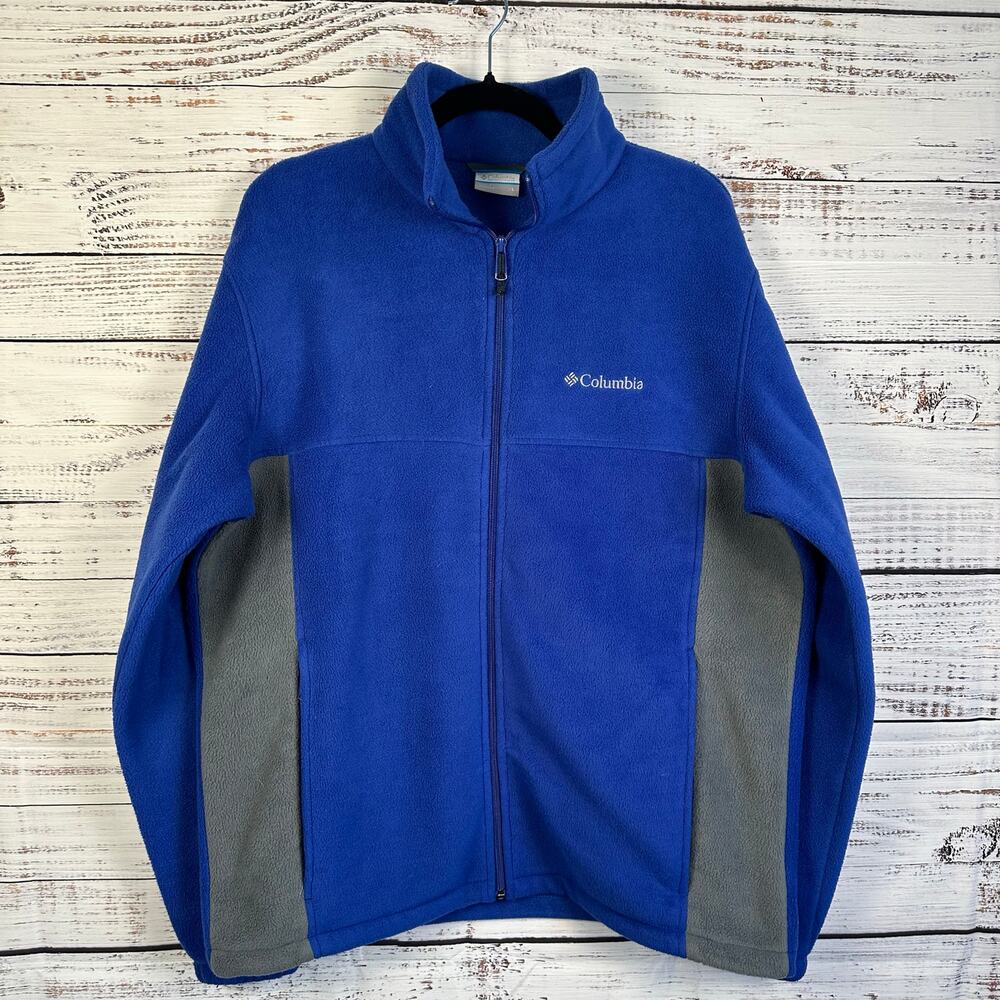 Columbia Fleece Full Zip Jacket Blue Gray Stripe Casual Zip Pockets Mens Size L